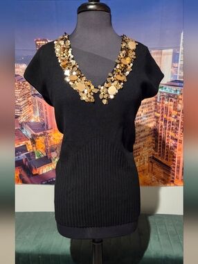 Black Knit Short Sleeve Top with Gold Sequin V-Neck